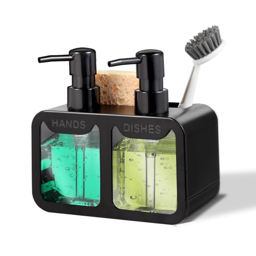 Eavida Küchenseifenspender Set, mit Hand und Spülseife, Schwamm Caddy und Bürstenhalter 4 in 1 Küche Dual Seifenspender Set für Küchenspüle, Badezimmer (Schwarz) von Eavida