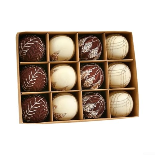 Eawfgtuw 12 Stück Samt-Weihnachtsbaumschmuck, 8 cm, beflockte Kugeln mit Aufhängeschlaufen, Kunststoff-Dekorationskugeln für Urlaub, Baum, Tür, Fenster, Wand, saisonale Dekoration (braun und weiß) von Eawfgtuw
