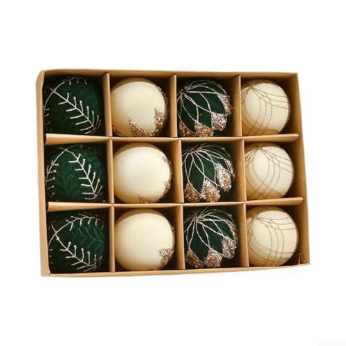 Eawfgtuw 12 Stück Samt-Weihnachtsbaumschmuck, 8 cm, beflockte Kugeln mit Aufhängeschlaufen, Kunststoff-Dekorationskugeln für Urlaub, Baum, Tür, Fenster, Wand, saisonale Dekoration (grün und weiß) von Eawfgtuw
