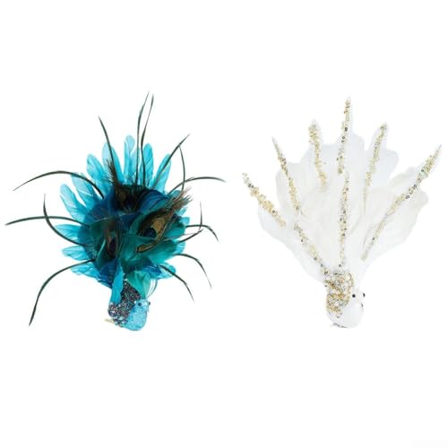 Eawfgtuw 2 Stück künstliche Pfauenvögel, Weihnachtsbaumschmuck mit Federn und Metall-Clips, blau-weiß, Glitzer, Simulationsvögel für Urlaubsdekoration (1 x weiß + 1 x blau) von Eawfgtuw
