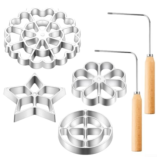 Eawfgtuw 6-teiliges Rosetten-Eisen-Formen-Set mit 2 Holzgriffen und 4 Bunuelos-Kekspressstempeln, Aluminium-Legierung, Backwerkzeuge für Waffeln, Schokolade, Kekse und von Eawfgtuw