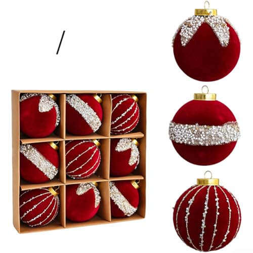 Eawfgtuw Handbemalte beflockte Samt-Weihnachtskugeln Baumschmuck in Rot Grün Weiß Beige mit Aufhängeschlaufe für Weihnachtsbaumkranz Girlande (8 cm rot) von Eawfgtuw