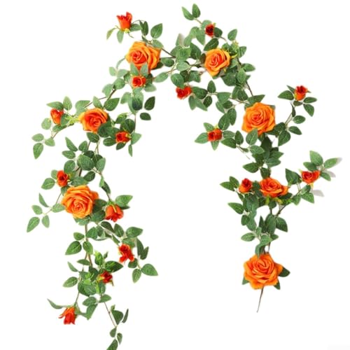 Eawfgtuw Künstlicher Rosenkranz mit realistischen Blumen und grünen Blättern, für Hochzeit, Party, Gartenfeiern oder Heimdekoration (orange) von Eawfgtuw