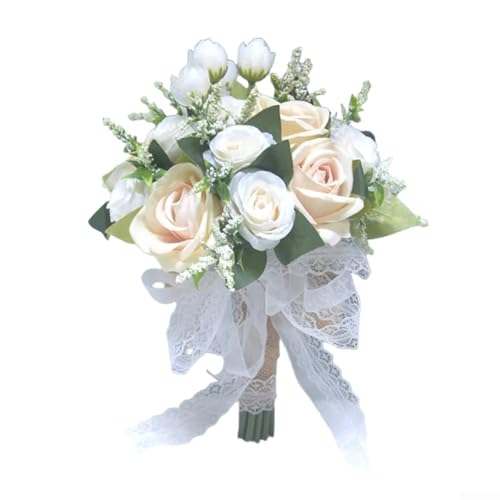 Eawfgtuw Künstlicher Rosenstrauß mit Spitzenband für Braut Brautjungfern Foto Requisiten Elegante Blumendekoration Handheld Hochzeit Blumen Hochzeitsstrauß (weiß) von Eawfgtuw