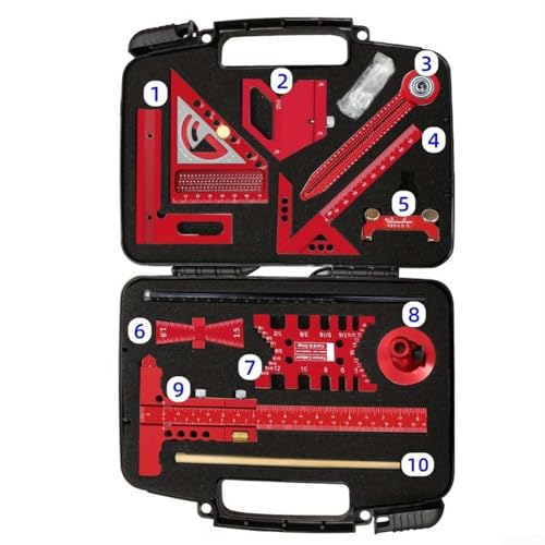 Eawfgtuw Mess- und Markierungswerkzeug-Set aus Aluminiumlegierung mit quadratischem Winkellineal und Layout-Werkzeugen in tragbarer Aufbewahrungsbox für Tischlerprojekte (10 Stück) von Eawfgtuw