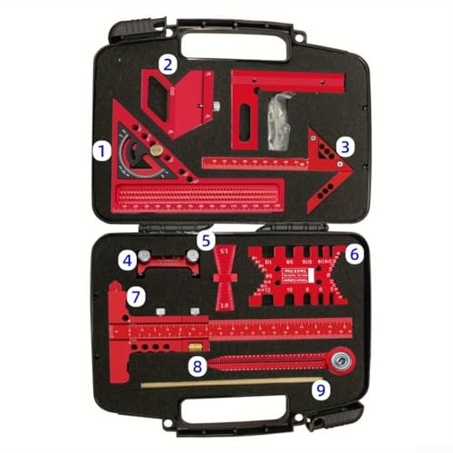 Eawfgtuw Mess- und Markierungswerkzeug-Set aus Aluminiumlegierung mit quadratischem Winkellineal und Layout-Werkzeugen in tragbarer Aufbewahrungsbox für Tischlerprojekte (9 Stück) von Eawfgtuw