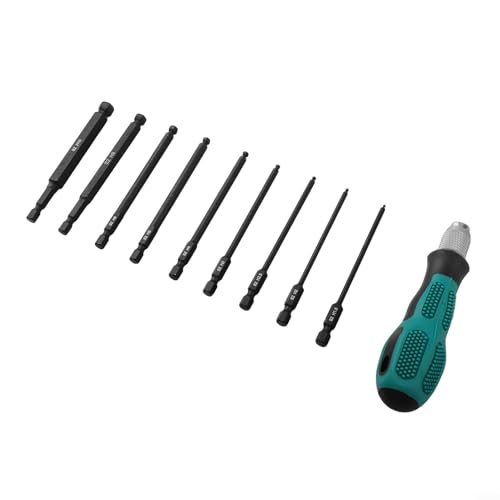 Eawfgtuw Sechskant-Schraubendreher-Bit-Set, 100 mm, magnetisch, 1/4-Zoll-Sechskantschaft, 9 Stück, metrische Größen 1,5–10 mm, mit Halter für abgewinkelten Zugang und enge Räume (B) von Eawfgtuw