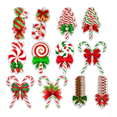 Eawfgtuw Weihnachtsdekoration, 12 Stück, bunte Stangenornamente, Polypropylen, wasserdicht, hängende Dekorationen für Weihnachtsbaum, Kränze, Türen, Fenster von Eawfgtuw