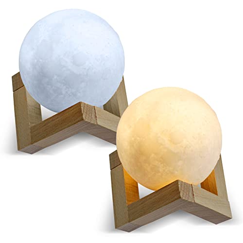 Eaxus® 3D Mondlampe schwebend - Touch LED Nachtlicht Mond/Nachttischlampe mit 3 Farbmodi & Akku, Gestell aus Holz, Weiß von Eaxus