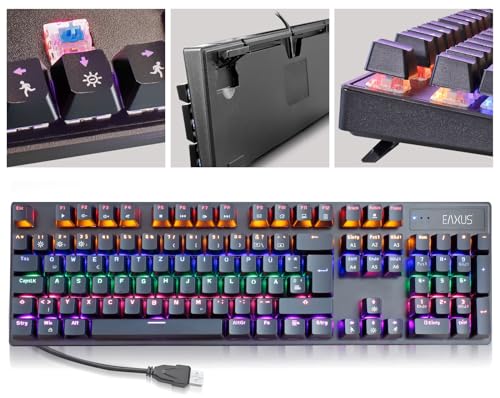 Eaxus® Mechanische Gaming Tastatur - LED Gaming Keyboard mit Makrotasten & Blue Switches, USB 1000 Hz Pollingrate, QWERTZ, Schwarz von Eaxus