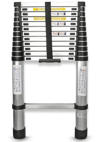 Eaxus® Teleskopleiter 3,8m - DIN EN 131 Aluminium Mehrzweckleiter Ausziehbar mit 13 Stufen, Silber von Eaxus