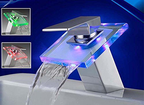 Eaxus LED RGB Wasserfall Glas Armatur Waschbecken Bad Chrom Wasserhahn Waschtisch Einhebelmischer Waschtischarmatur Einhandmischer Badarmatur Waschbeckenarmatur von Eaxus