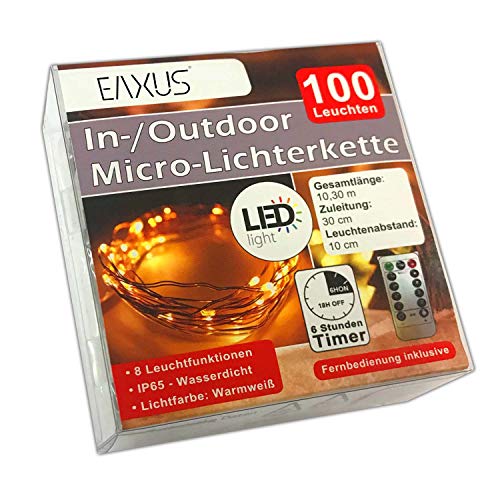 LED Deko Lichterkette Batterie Innen Außen Fernbedienung 100 Leuchten Timer Lichterdraht Outdoor Indoor Drahtlichterkette Leuchtdraht von Eaxus