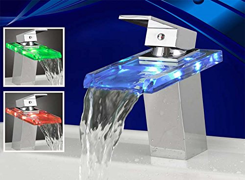 RGB LED Glas Wasserfall Armatur Waschbecken Silber Licht Wasserhahn Waschtisch Bad Mischbatterie Mit Farbwechsel Einhebelmischer Badarmatur von Eaxus