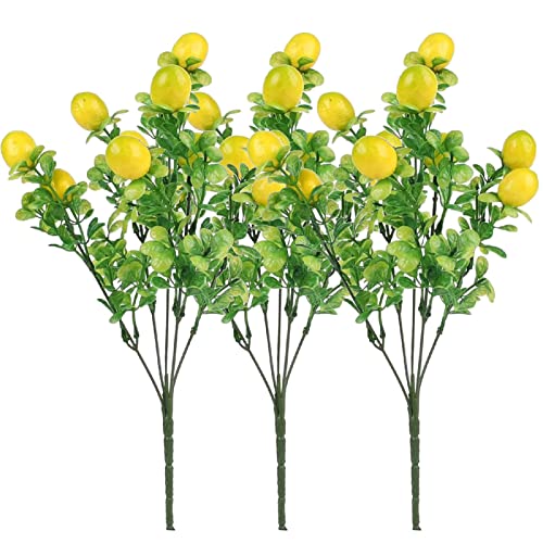 Eayoly Künstliche Zitronenzweige, 3 STK Simulation Fruit Fake Lemon Tree Requisiten 14 Zoll Faux Yellow Lemon Branch Stiele mit grünen Blättern, Home Esstisch Dekorationen von Eayoly