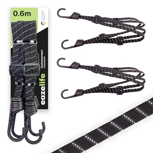 2er Set Gepäck Spanngurt, 60cm, verstellbar, reflektierend, robust, Kratzschutz, schwarz, belastbare Expander Spanngummi für Fahrrad Gepäckträger & Motorrad von Eaze Life