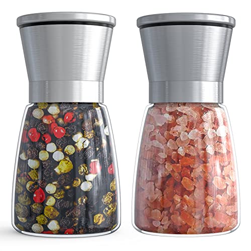Ebaco Salz- und Pfeffermühlen-Set – nachfüllbare Mühle, verstellbare Grobheit von Pfeffer, Salz, Gewürz, Edelstahl, Mühlen, Glas, 170 ml (2 Stück) von Ebaco
