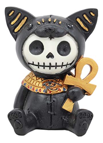 Ebros Ägyptische Furrybones Katzengöttin Bastet hält Ankh-Figur, klein, 7,5 cm hoch, pelzige Knochen, Skelett-Dekoration, Statue, Götter und Göttinnen von Ägypten von Ebros Gift