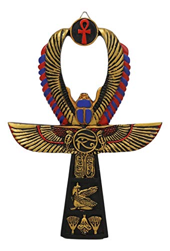 Ebros Crux Ansata Ägyptische goldene Ankh mit geflügeltem Skarabäus Maat und Auge des Horus Wedjat, Wanddekoration, 3D-Plakette, 20.3 cm hoch, Gesundheit und Gleichgewicht, dekorativer Akzent von Ebros Gift