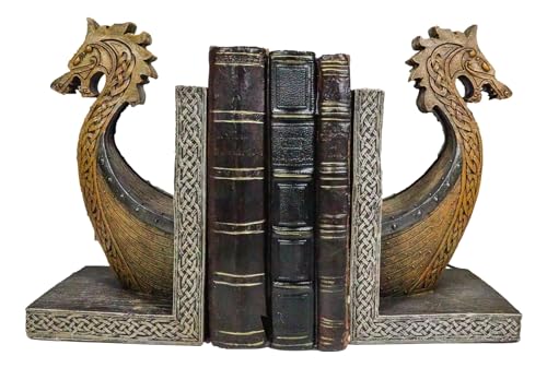 Ebros Gift Nautische Küste Meer Königreich skandinavischer Wikinger Drache Langschiff Prow Ship Buchstützen Set mit zwei Figuren Antike Legenden Bibliothek Büro Arbeitszimmer Schreibtisch Regal von Ebros Gift