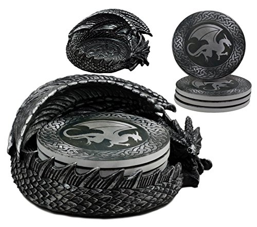 Ebros Hour of The Dragon Untersetzer-Set 16,5 cm lang Figurenhalter und vier runde Drachen-Silhouette detaillierte Untersetzer von Ebros Gift