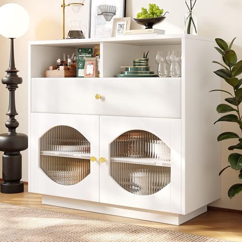 Ebullient Sideboard Weiss mit großzügigem Stauraum – Küchenbuffet Buffetschrank mit Riffelglas-Türen, Schublade, Ablagefächern, 100x40x90.5 cm von Ebullient