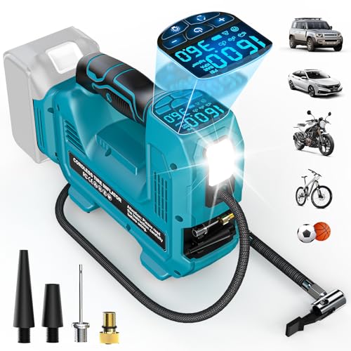 Ecarke Akku-Kompressor für Ma-kita 18V Li-Ion Akku, Max. 11 bar, Bürstenlosem Autokompressor mit Digitalem Manometer, Verlängerungsrohr und Düse für Auto, Motorrad, Fahrrad, Sportbälle - Ohne Akku von Ecarke