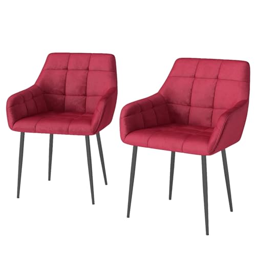 Eccellensedie Esszimmerstühle 2er Set Moderne Küchenstühle – Bequeme Wohnzimmerstuhl Polsterstuhl Sitzfläche Samt mit Armlehnen & Metallfüßen (2, Rot) von Eccellensedie