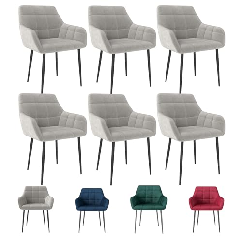 Eccellensedie Esszimmerstühle 6er Set Moderne Küchenstühle – Bequeme Wohnzimmerstuhl Polsterstuhl Sitzfläche Samt mit Armlehnen & Metallfüßen (6, Grau) von Eccellensedie