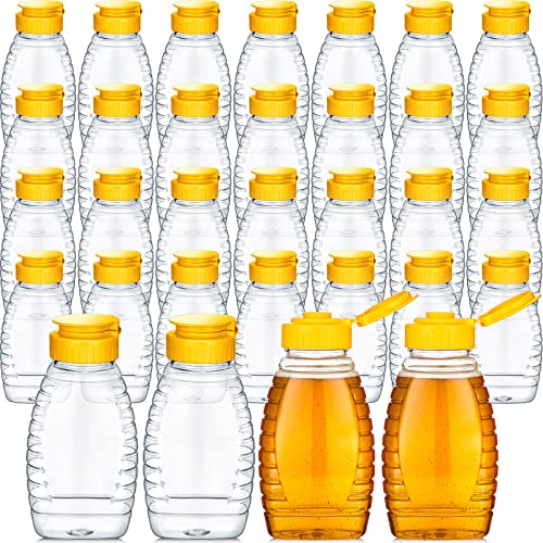 32 Stück 250 ml transparente Kunststoff-Honiggläser leere Honigflaschen mit Kappen, nachfüllbare Honigbehälter, auslaufsicher, Honigflasche, Halter mit Klappdeckel zur Aufbewahrung von Spender, Gelb von Eccliy