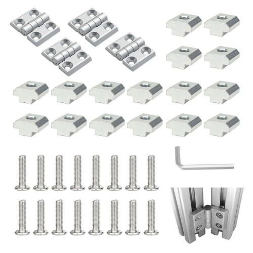 4er Set Klappscharniere M4 für 2020 Aluprofil Nut 6, Türscharniere aus Zinklegierung inkl. Nutensteine und Schrauben, Zubehör für DIY Schranktüren und Leichte Automatisierungsgeräte (Silber) von EceoThsy