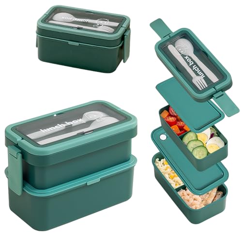 Echehi 2-Lagen Brotdose mit Fächern für Erwachsene und Kinder, 950+550ml Stapelbare Lunchbox mit Großem Fassungsvermögen, Auslaufsichere Lunchbox mit Gabel und Löffel und verstecktem Griff. Grün von Echehi