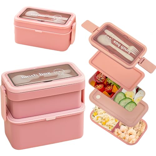 Echehi 2-Lagen Brotdose mit Fächern für Erwachsene und Kinder, 950+550ml Stapelbare Lunchbox mit Großem Fassungsvermögen, Auslaufsichere Lunchbox mit Gabel und Löffel und verstecktem Griff. Rosa von Echehi