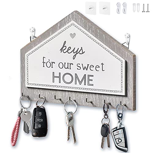 Echehi Schlüsselhalter aus Holz mit 7 Haken, Selbstklebend oder bohrbar, 2-Wege-Installation, Schlüsselbrett, Schlüsselbretter für Zuhause (Grau) von Echehi