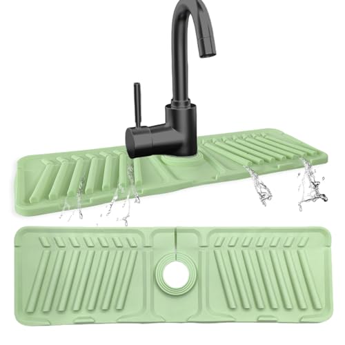 Echehi Wasserhahn Abtropfmatte aus Silikon, 44 x 14 cm Wasserhahnschutz Matte mit Schneidbaren Löchern, 7° Neigung, 90° Faltbares Design. Grün von Echehi