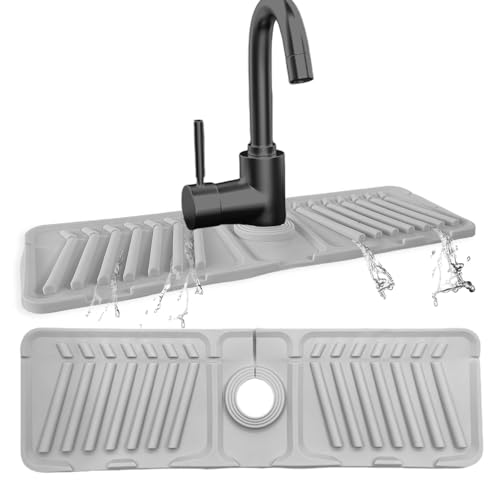 Echehi Wasserhahn Abtropfmatte aus Silikon, 44 x 14 cm Wasserhahnschutz Matte mit Schneidbaren Löchern, 7° Neigung, 90° Faltbares Design. Grau von Echehi