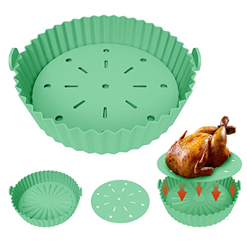 Echify Silikonform für Heißluftfritteuse - 24cm XXL Air Fryer Silicone Pot mit Ölfiltermatte Universal Luftfritteuse Silikontopf Set Heißluftfritteuse Backform für Mikrowelle Ofenzubehör Grau (Grün) von Echify