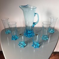 Vintage Blaues Handgeschliffenes Glas-Set - 6 Longdrinks Und Dekanter von EchtVintage