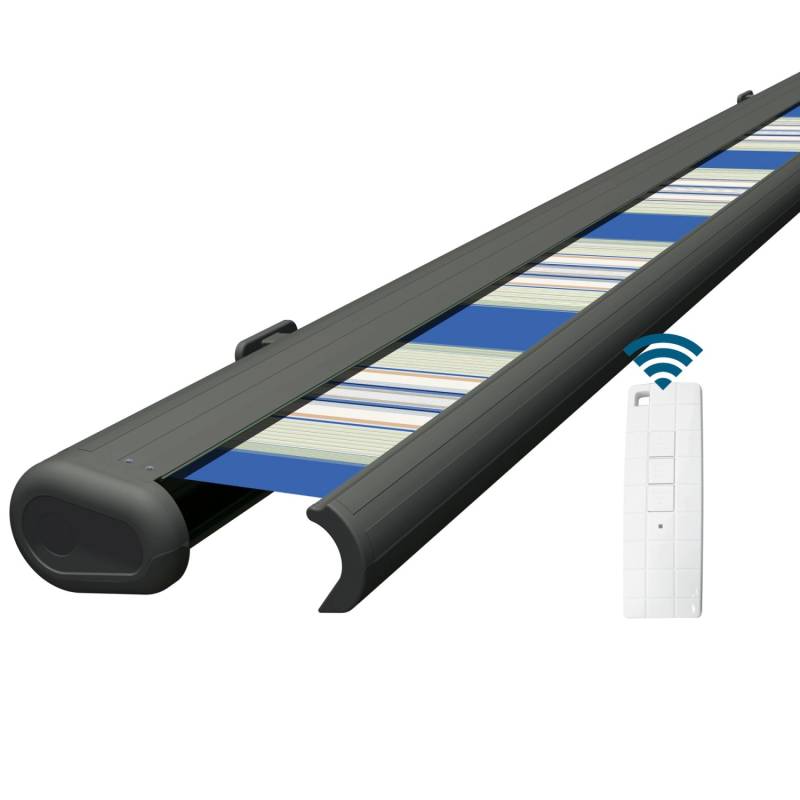 Eclipse Markise Elektrische Kassettenmarkise Gelenkarm Vollkassettenmarkise Basaltgraue Kassette, Markisenmaße 4.5x3.0 m, Tuchfarbe Meeresfarbe von Eclipse