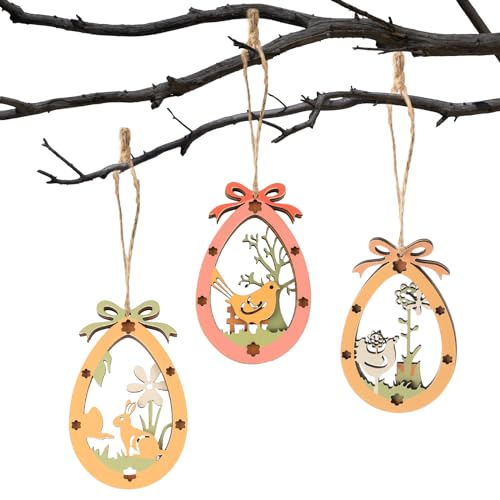 EclipseGuard 3 Stück Ostern Deko Holz, Dekoaufhänger Osterschmuck aus Holz, Aufhängbar, Kreative Partydekoration, Oster Holzaufhänger Hase Ei Huhn Blume, Doppeltes Hohles Hängendes Holzschild von EclipseGuard