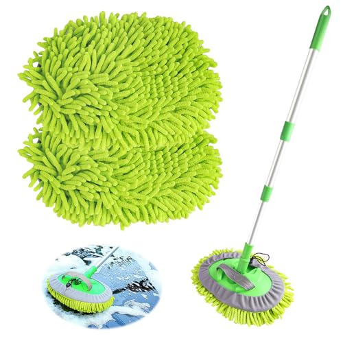 118CM Autowaschbürste, Autowaschbürste Waschbürste Auto mit Langer Griff, 2 in 1 Mikrofaser Chenille Autowaschmopp Waschhandschuh Reinigungsbürste für Auto RV Trucks Wohnwagen Wohnmobil（2 x Moppkopf） von EclipseGuard