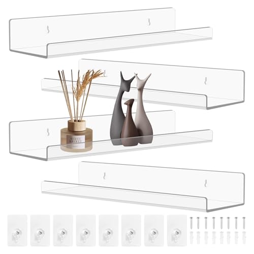 EclipseGuard 4er-Pack Klare Acryl-Regale, Acryl Wandregal Transparent, 30cm Regal Ohne Bohren aus Badezimmer Regal, für Wand-Foto-Dekor, Bild Leiste, Kinder Bücherregal, Magazin Rack，Weiß von EclipseGuard