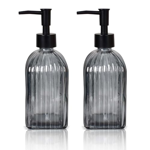 2 Seifenspender Glas, Nachfüllbarer Pumpspender für die Küche, Gestreifter Spülmittelspender Küche, 450ml Seifenspender Bad für Badezimmer, Arbeitsplatte, Soap Dispenser mit Pumpspender von Eclove
