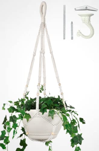 Eco Joy Makramee-Pflanzenaufhänger, groß, für 30,5 cm große Töpfe, extra lang + Haken, keine Quaste, Baumwollseil, Hängepflanzenhalter mit Swag-Haken, keine Pflanze im Lieferumfang enthalten (weiß) von Eco Joy