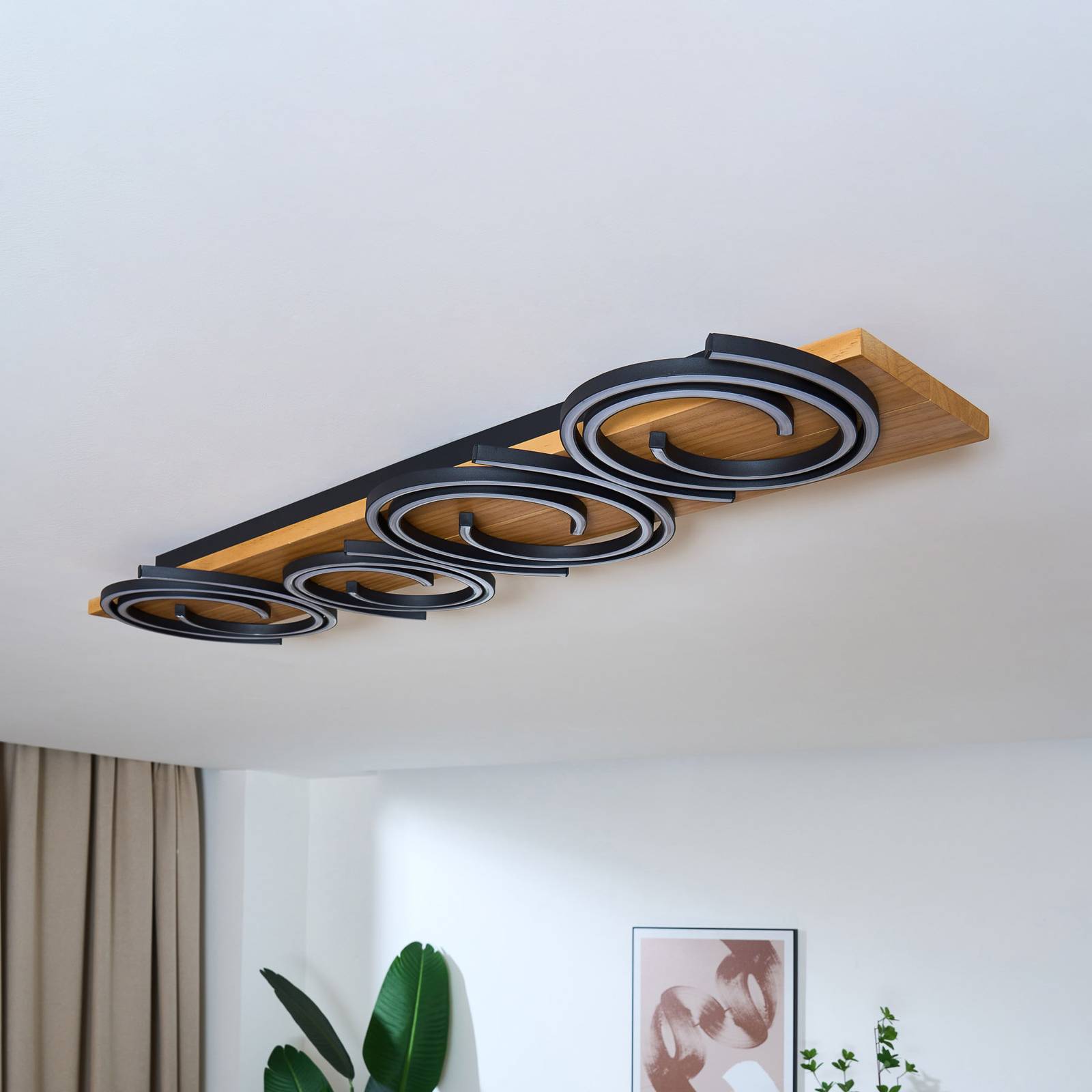 LED-Deckenleuchte Rifia, braun, Länge 115 cm, 4-flg., Holz von Eco-Light