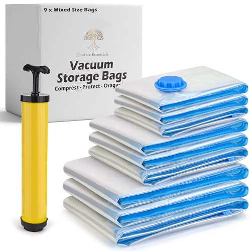 Eco-Lux Essentials Vakuum-Aufbewahrungsbeutel – Kleideraufbewahrungstasche Vakuumbeutel Platzsparende für Kleideraufbewahrung, Bettwäsche Kleidung mit Pumpe(9 Stück Eco-Lux Essentials Vakuum-Aufbewahrungsbeutel – Kleideraufbewahrungstasche Vakuumbeutel Platzsparende für Kleideraufbewahrung, Bettwäsche Kleidung mit Pumpe(9 Stück von Eco-Lux Essentials