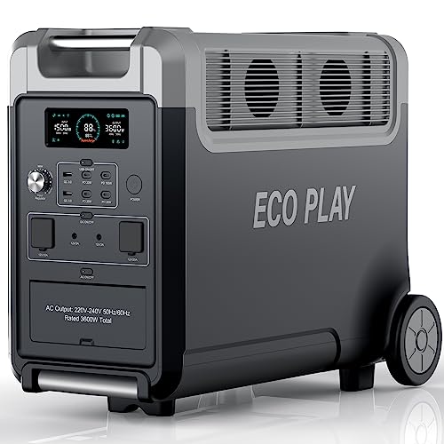 Powerstation 3600W, ECO PLAY Solargenerator mit 3840Wh LiFePO4 Batterie, 2 Stunden Schnellladung, 3x230V AC Ausgang, Stromspeicher mit USV für Notstrom/Camping/Wohnmobile von Eco Play