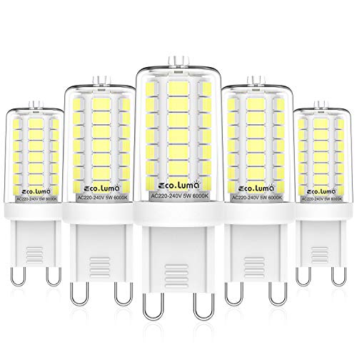Eco.Luma G9 LED Lampen 5W Kaltesweiß 6000K, Ersatz 40W Halogenlampe, 45x SMD2835 Birne G9 Sockel Kein Flackern, 500LM AC 220-240V LED Leuchtmittel, 360°Abstrahlwinkel, Nicht Dimmbar, 5er Pack von Eco.Luma