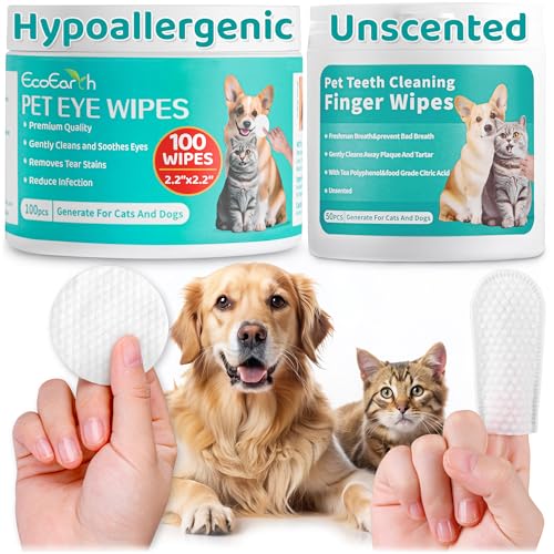 EcoEarth Premium 100 Stück Augentücher & 50 Stück Zahnreinigungstücher für Hunde & Katzen - Fingerpads zur Reinigung der Augen und Zahnpflege von Haustieren EcoEarth Premium 100 Stück Augentücher & 50 Stück Zahnreinigungstücher für Hunde & Katzen - Fingerpads zur Reinigung der Augen und Zahnpflege von Haustieren von EcoEarth