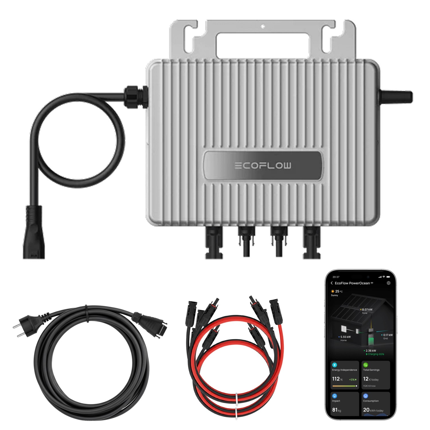 ECOFLOW Stream Mikro-Wechselrichter 800 W für Balkonkraftwerk 2 MPPT mit WIFI inkl. 5 m Anschlusskabel & 4x 1m Solar-Verlängerungen Micro Inverter von EcoFlow